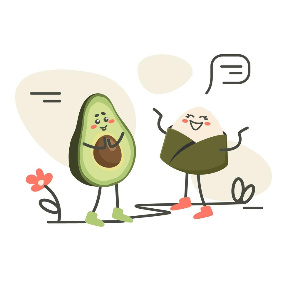 tekenfilm tekens praten. Japans onigiri rollen met avocado. Aziatisch voedsel. tekening getrokken vector illustratie voor borden, menu, poster, folder, banier, levering, Koken concept