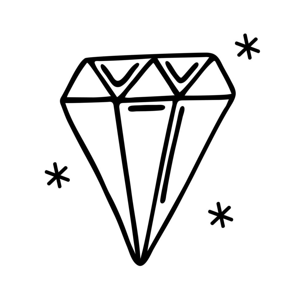 schijnend diamant vector icoon. hand- getrokken tekening geïsoleerd Aan wit. mooi besnoeiing edelsteen. glas prisma, magie kristal. gemakkelijk schetsen, schets. clip art voor logo, ansichtkaarten, affiches, prints