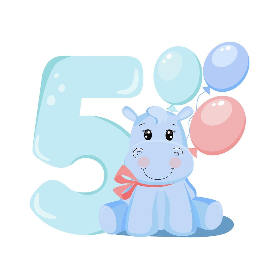 schattig baby jongen nijlpaard. verjaardag uitnodiging. vijf jaar, 5 maanden. gelukkig verjaardag. vector