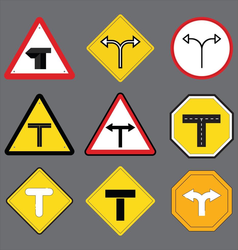 vector illustratie van tweesprong verkeer teken set. rood driehoek waarschuwing weg tekens met divers types van kruis wegen. gespreid knooppunt vooruit, t knooppunt verder en kant weg vooruit.