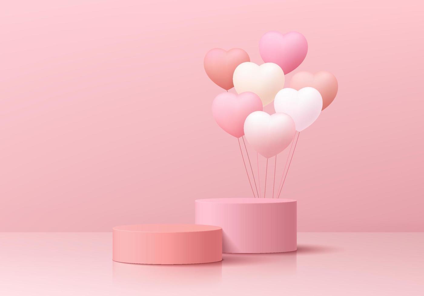 Valentijn 3d achtergrond met realistisch roze cilinder voetstuk podium, drijvend ballon harten vorm geven aan. pastel minimaal muur tafereel mockup Product Scherm. abstract meetkundig vormen. ronde stadium vitrine. vector