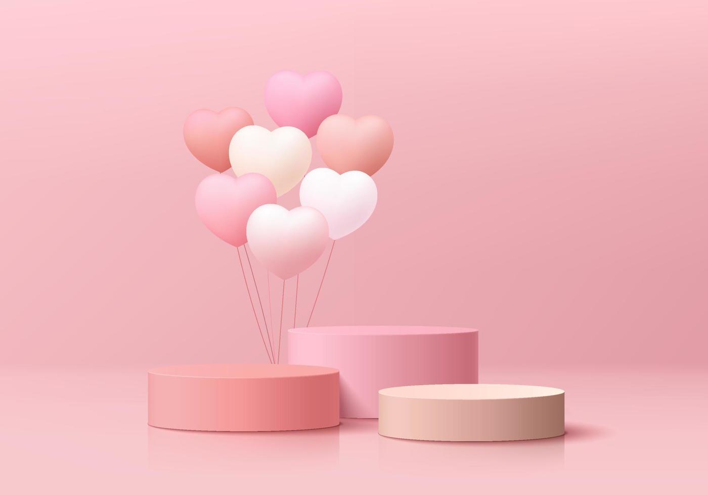 Valentijn roze 3d achtergrond met realistisch cilinder voetstuk podium set, drijvend ballon harten vorm geven aan. pastel minimaal muur tafereel mockup Product Scherm. abstract meetkundig vormen. stadium voor vitrine. vector
