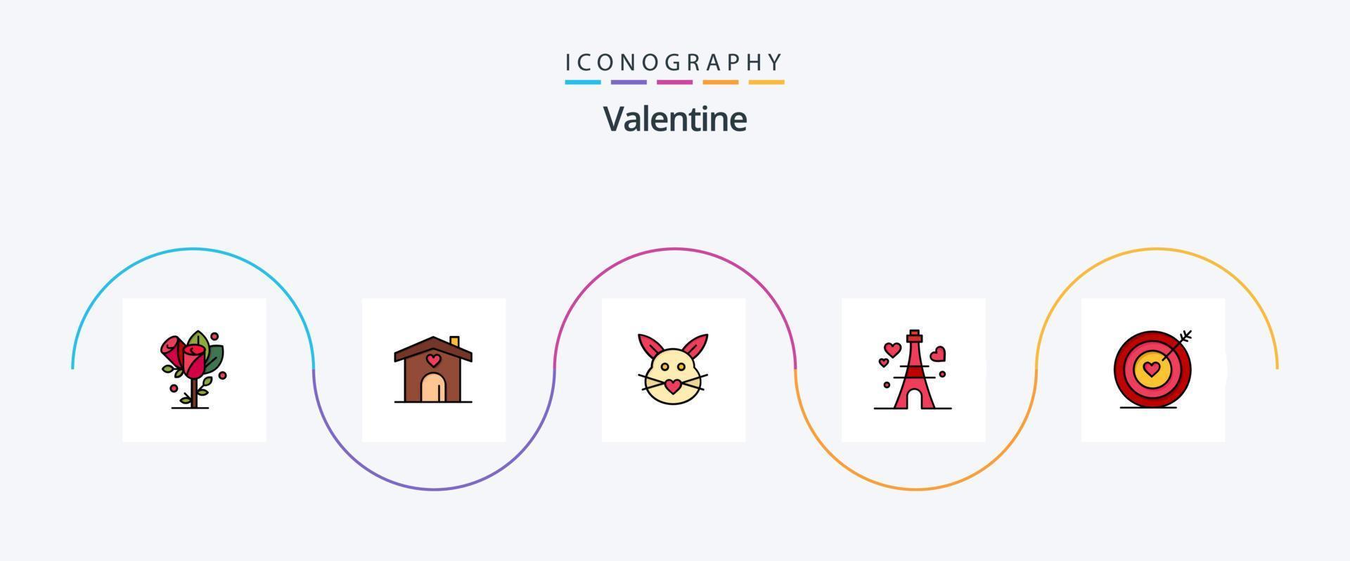 Valentijn lijn gevulde vlak 5 icoon pak inclusief doelwit. hart. konijn. liefde. Pasen vector