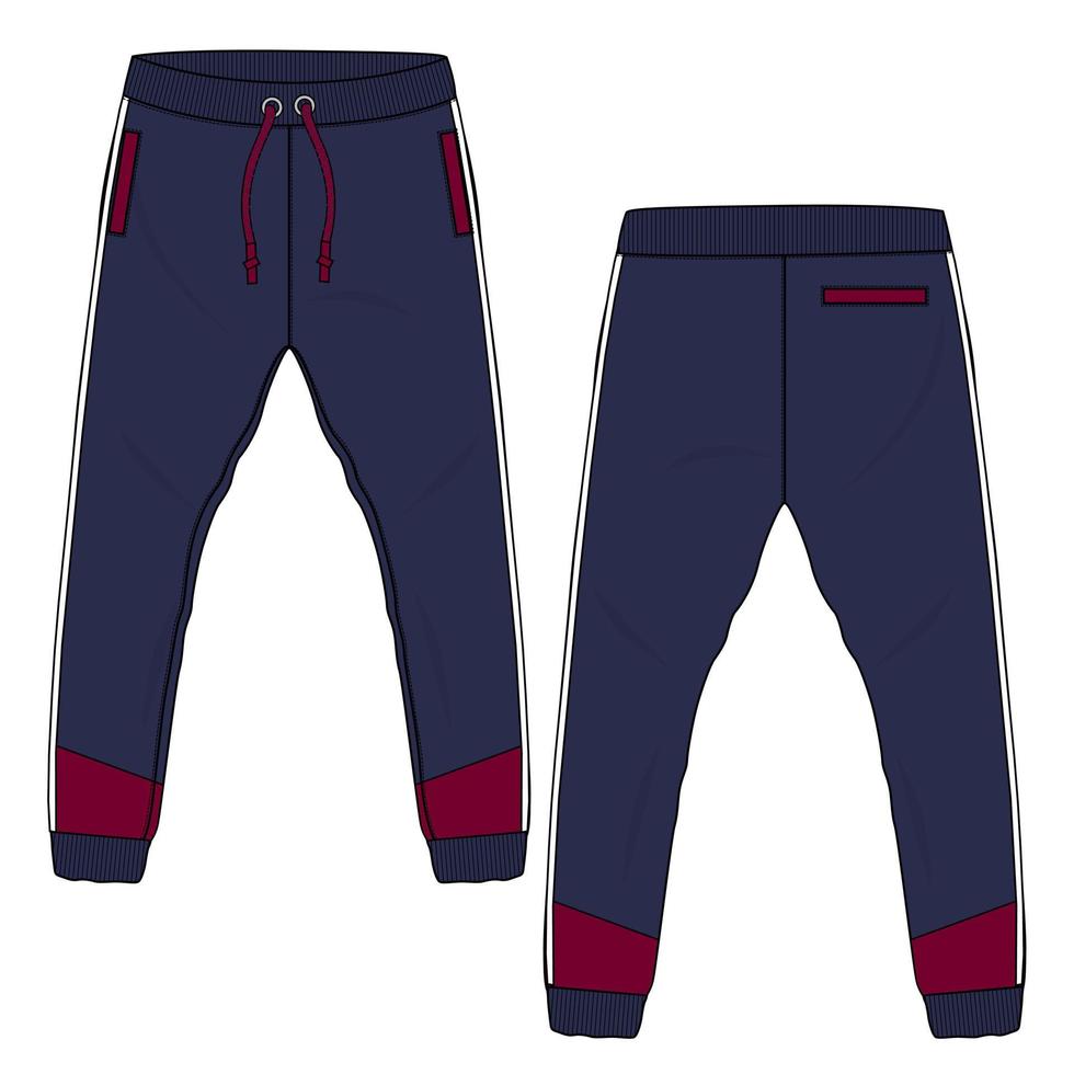 fleece katoen kleding stof jogger joggingbroek technisch mode vlak schetsen vector illustratie sjabloon voorkant, terug keer bekeken.