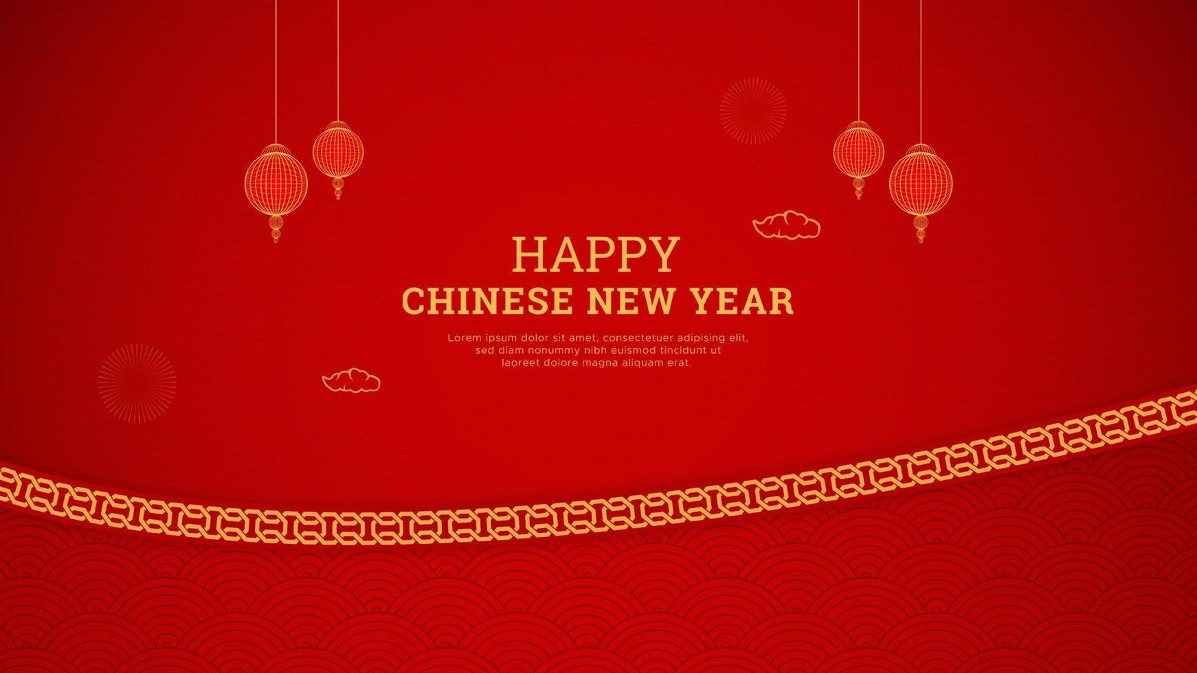 gelukkig Chinese nieuw jaar rood achtergrond ontwerp met Chinese grens en lantaarns vector