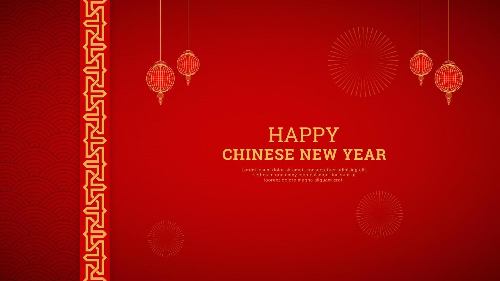 gelukkig Chinese nieuw jaar rood achtergrond ontwerp met Chinese lantaarns en Chinese patroon grens vector