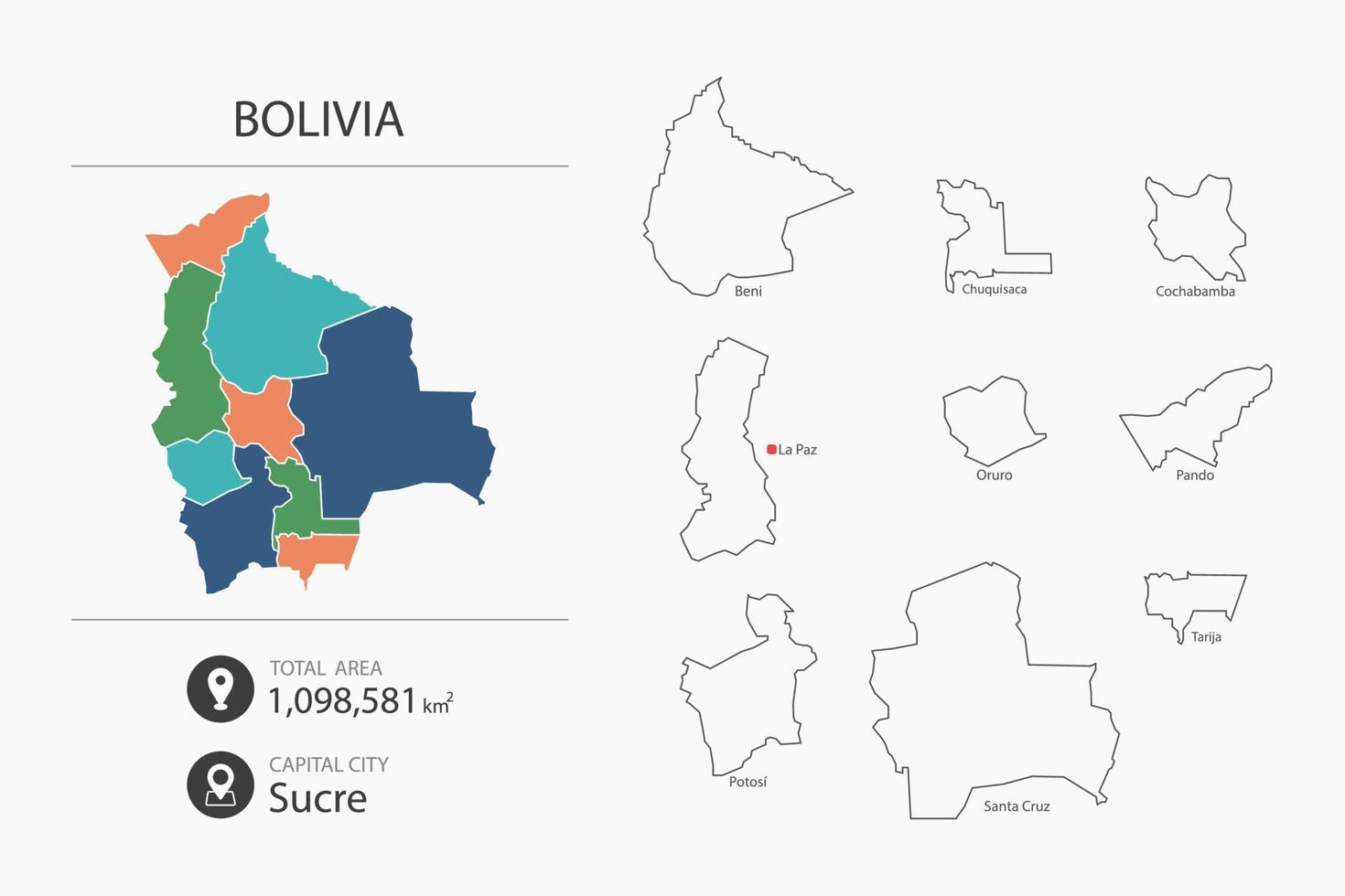 kaart van Bolivia met gedetailleerd land kaart. kaart elementen van steden, totaal gebieden en hoofdstad. vector