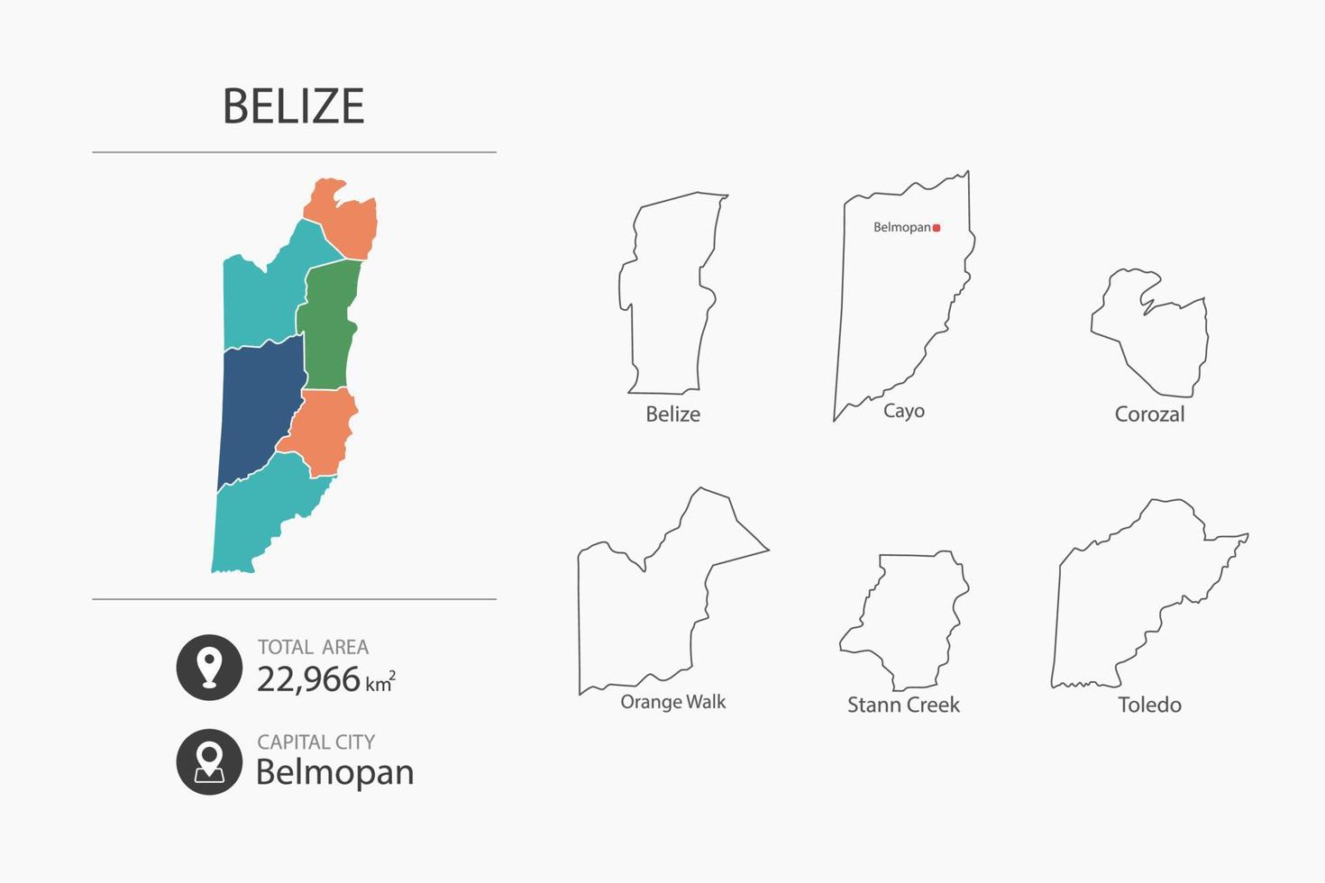 kaart van Belize met gedetailleerd land kaart. kaart elementen van steden, totaal gebieden en hoofdstad. vector
