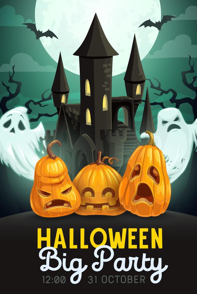 halloween pompoenen en geesten met achtervolgd huis vector