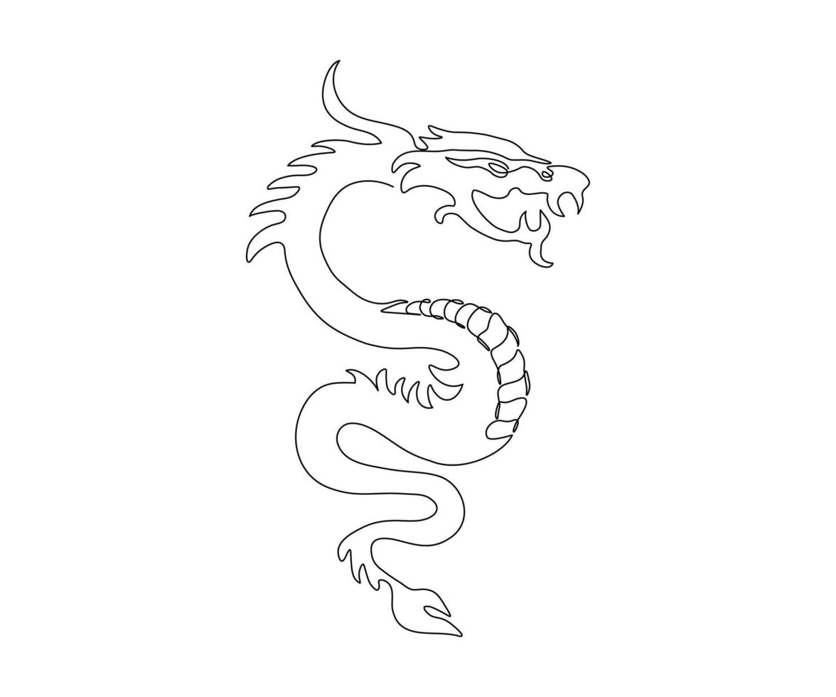 Chinese draak, hand- getrokken, mono lijn, een lijn kunst vector