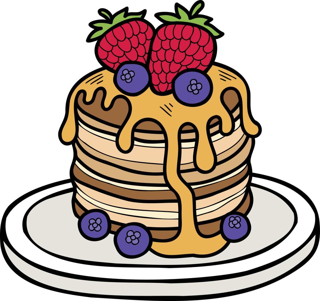 hand- getrokken pannekoeken met honing en aardbeien illustratie vector