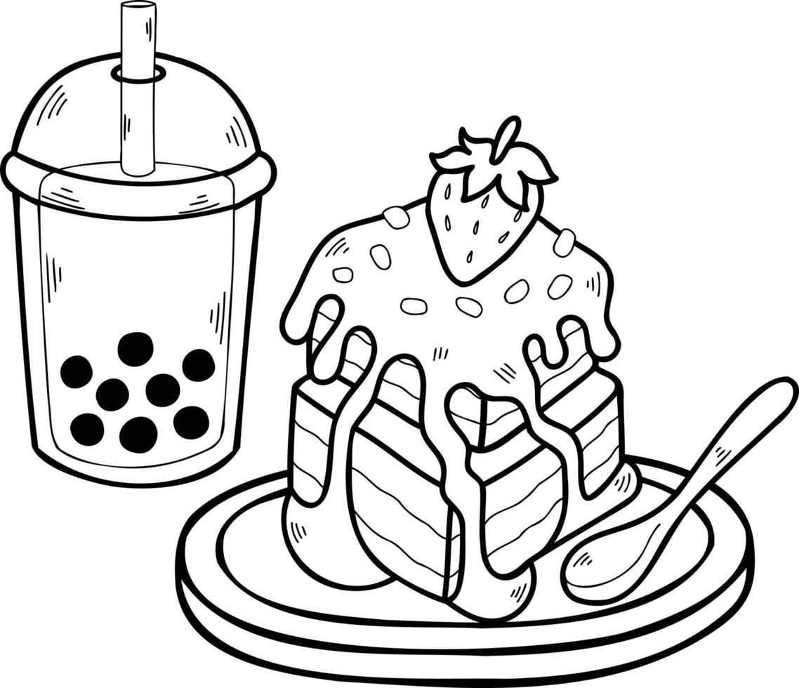hand- getrokken chocola taart en bubbel melk thee illustratie vector
