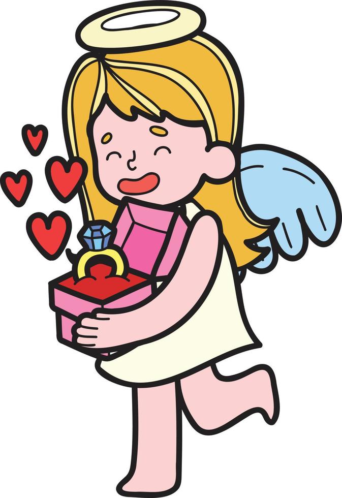 hand- getrokken Cupido en verloving ring illustratie vector