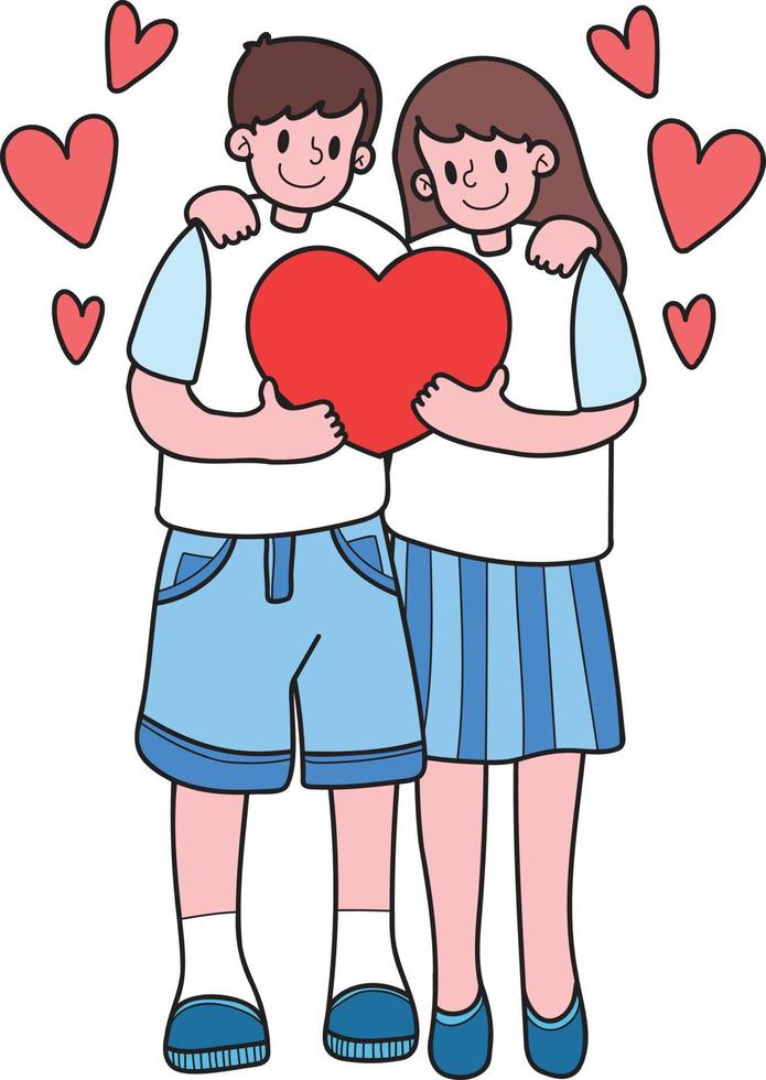 hand- getrokken paar mannen en Dames met hart ballonnen zijn knuffelen illustratie vector
