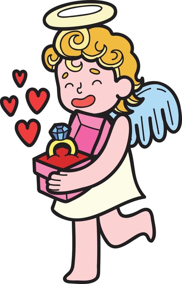 hand- getrokken Cupido en verloving ring illustratie vector