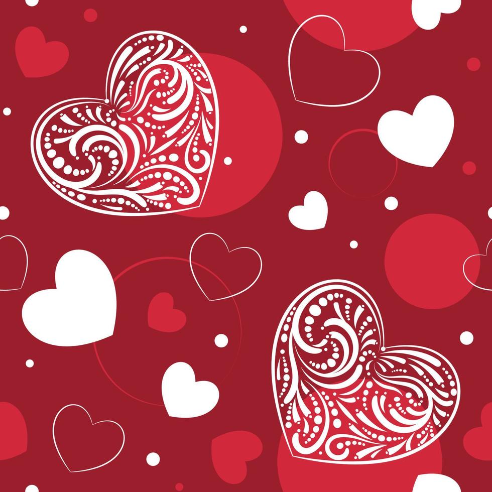 rood achtergrond met wit kanten harten en silhouetten van klein harten. naadloos patroon. decoratie voor valentijnsdag dag, liefde romantisch thema. mooi zo voor inpakken, textiel, afdrukken, bruiloft decor vector