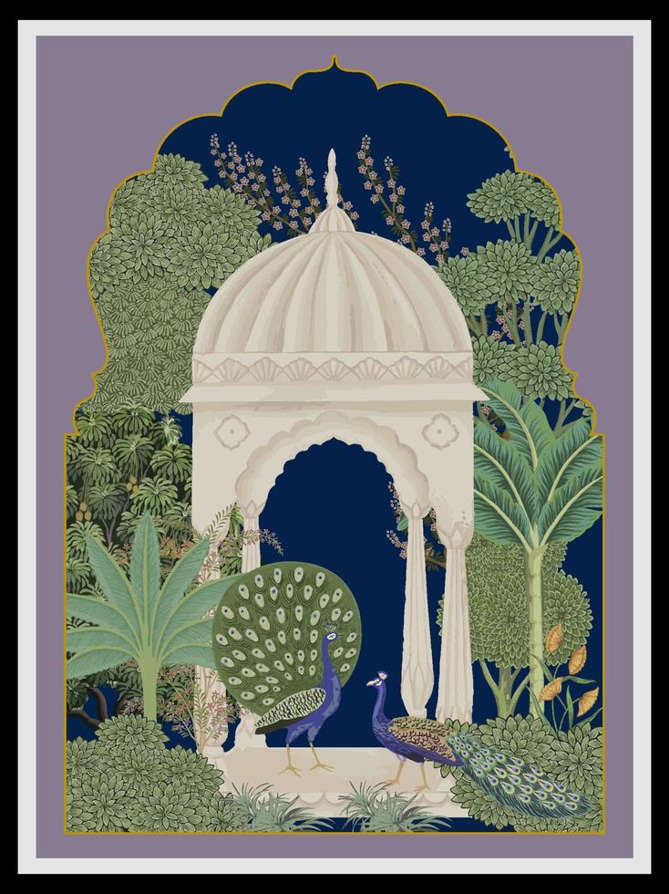 traditioneel mughal motief, kader, boog, Pauw, bloem, tropisch boom. mughal muur kunst afdrukbaar, leven kamer decor vector illustratie.