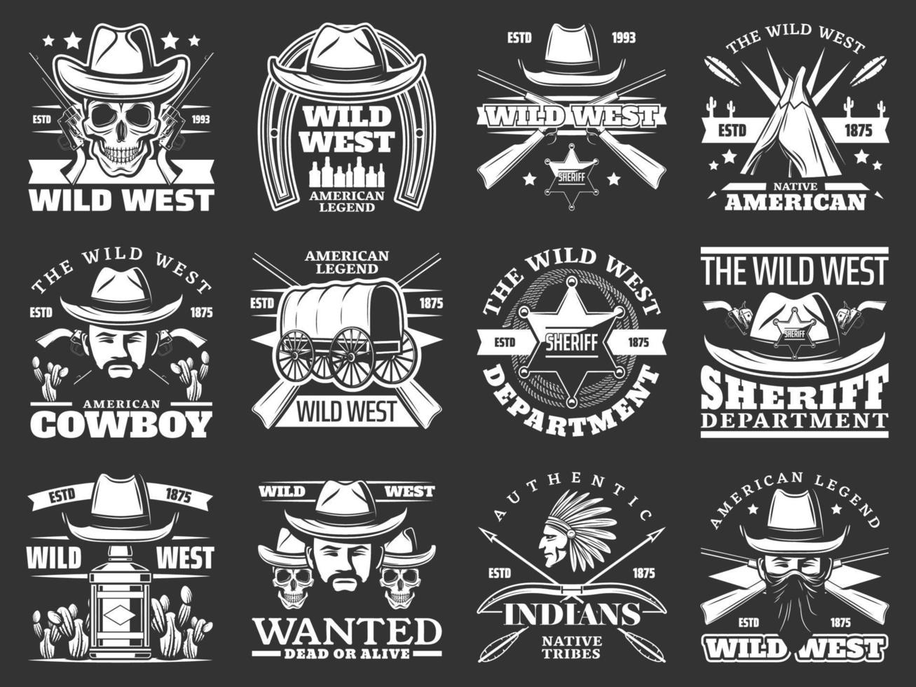 cowboys, schedels en sheriffs met hoeden. wild west vector