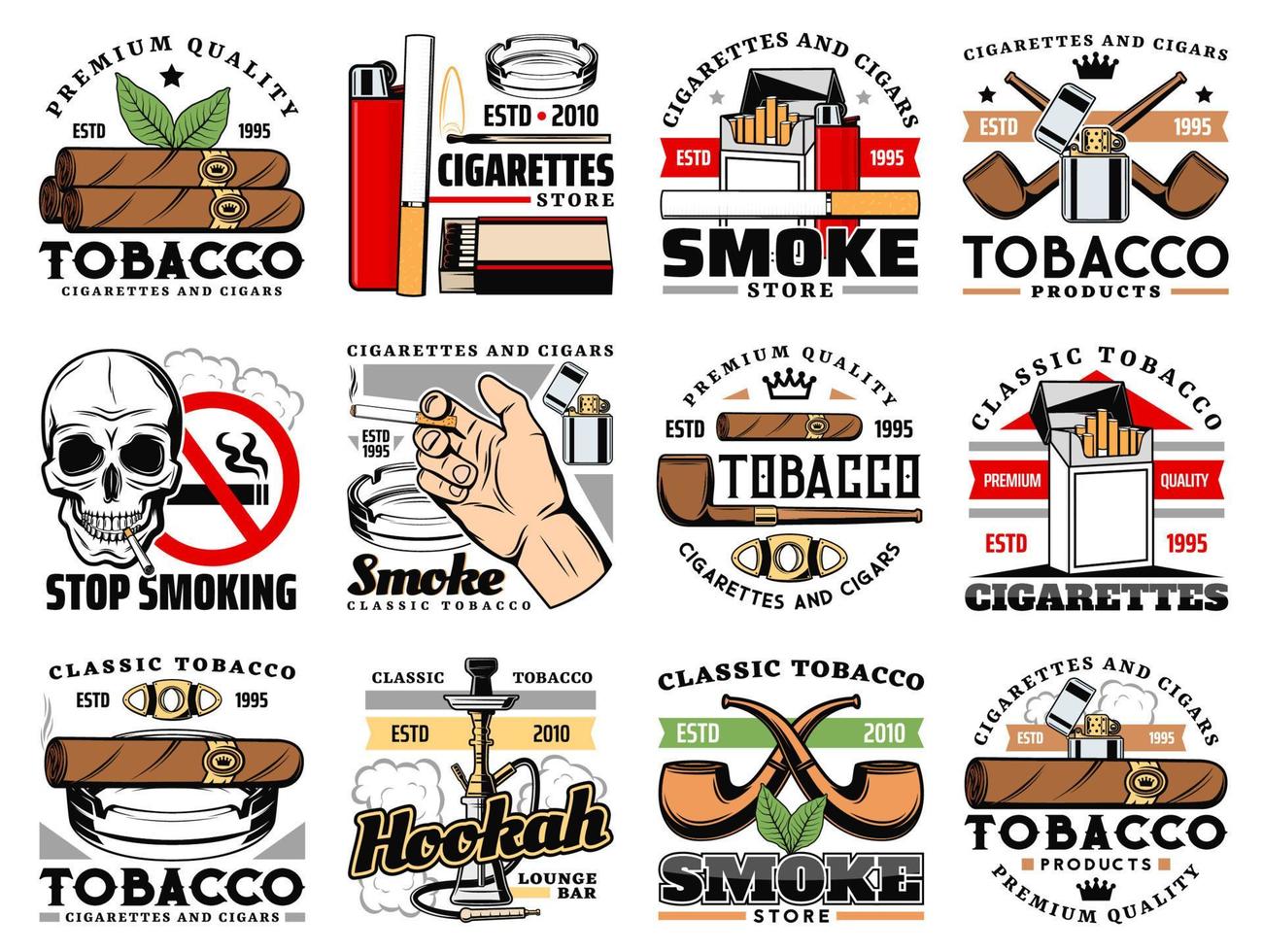 tabak producten, sigaren winkel, hookah bar pictogrammen vector