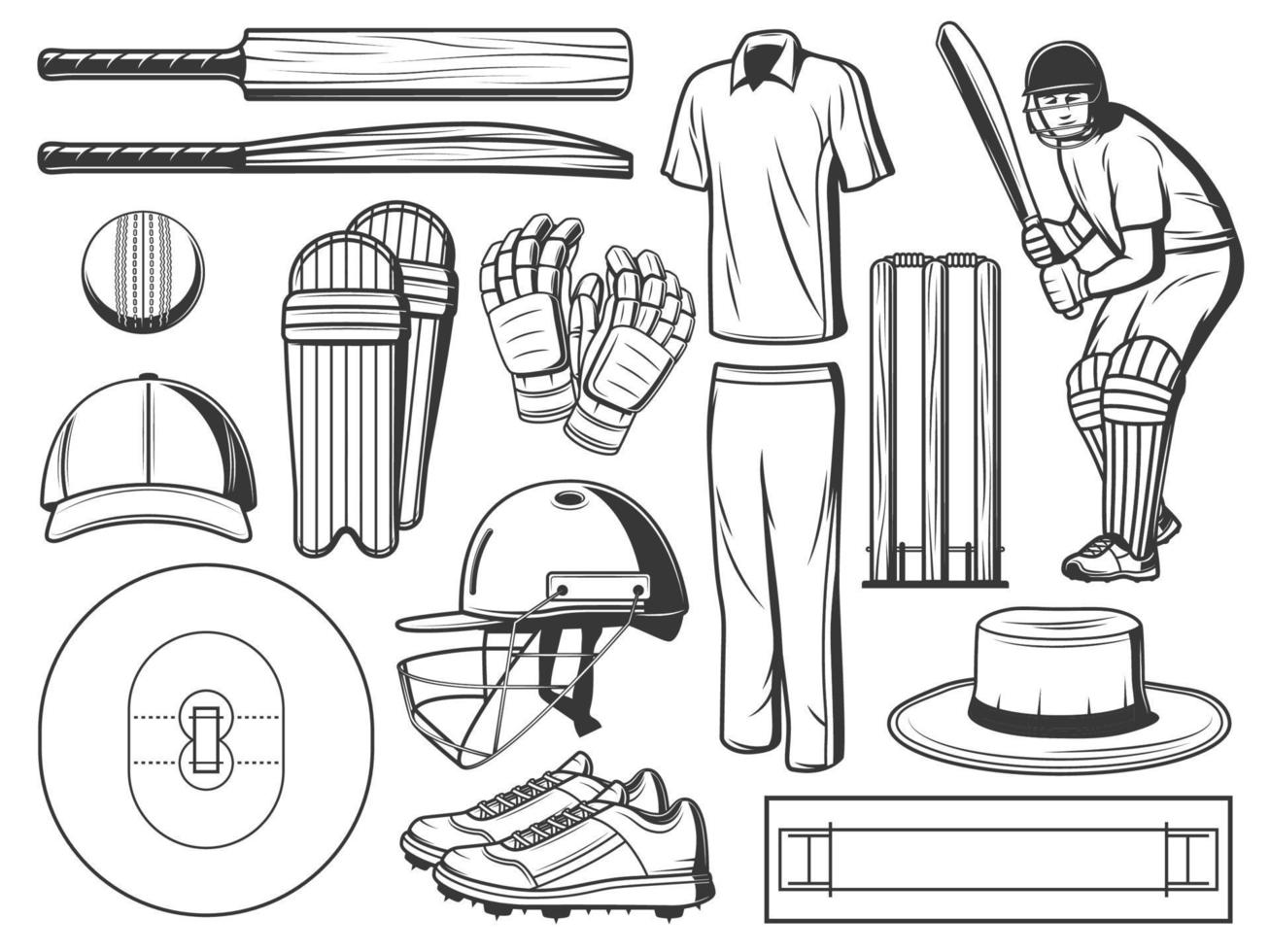 krekel batsman met sport bal, wicket en vleermuizen vector