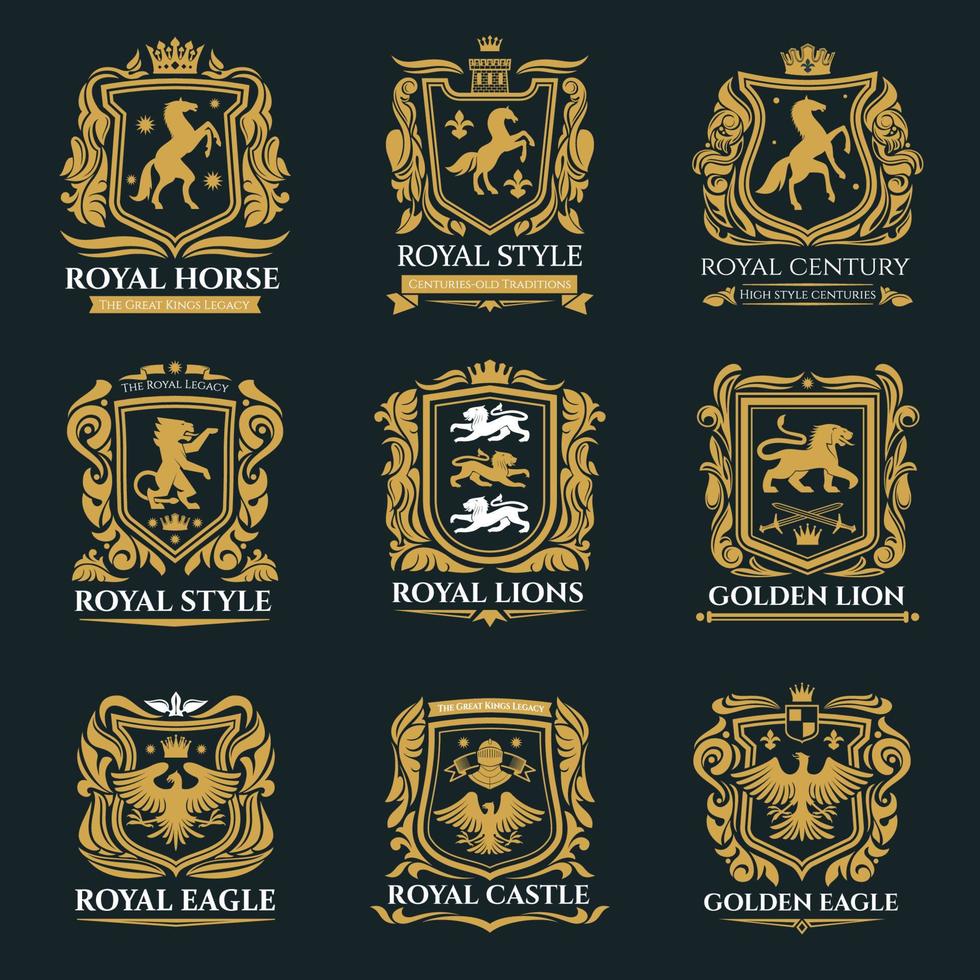 Koninklijk heraldiek emblemen, heraldisch leeuw en paard vector