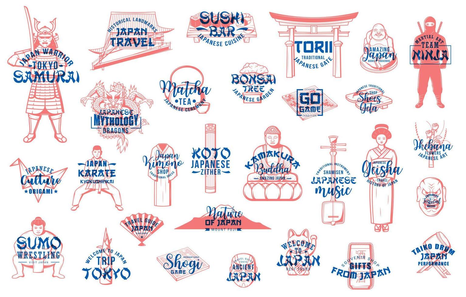 Japan pictogrammen van cultuur, reis, voedsel en sport vector