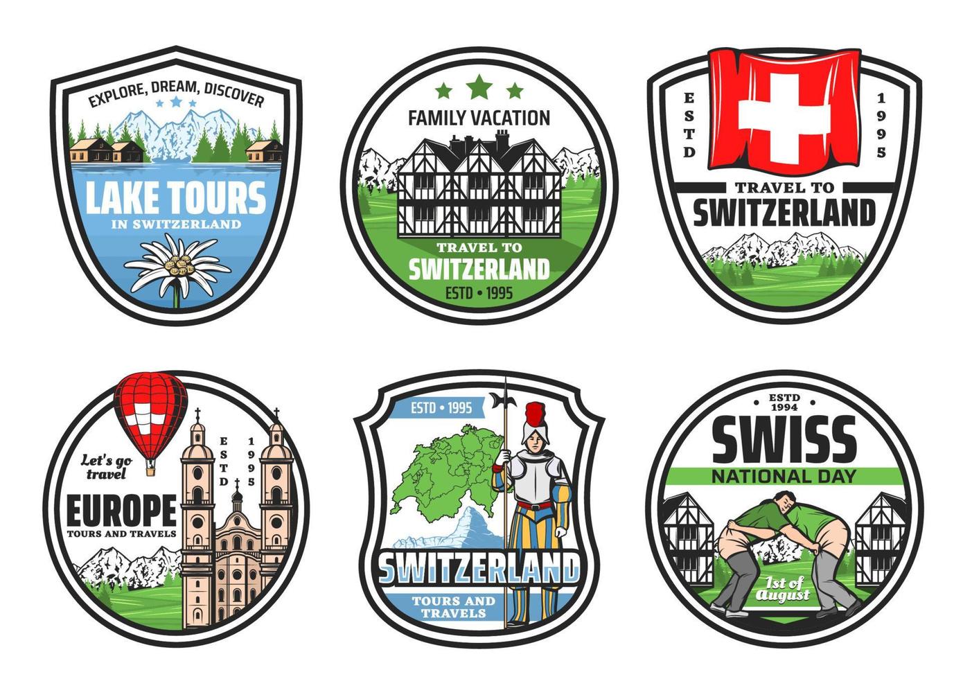 Welkom naar Zwitserland, stad mijlpaal tours pictogrammen vector