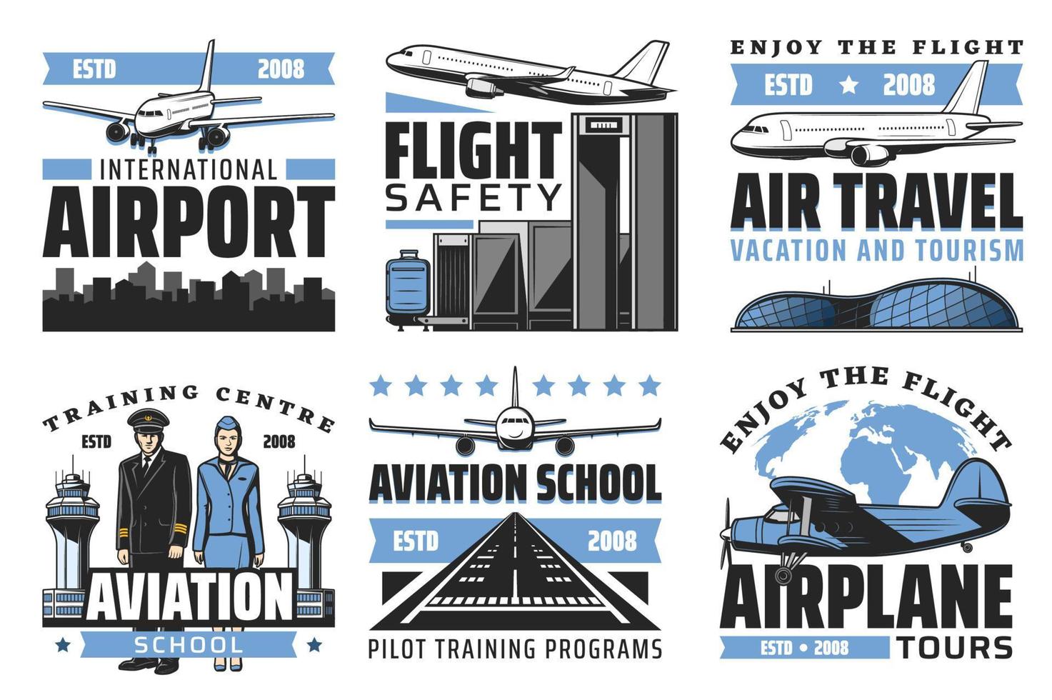 luchtvaartmaatschappijen, luchthaven, luchtvaart vector pictogrammen