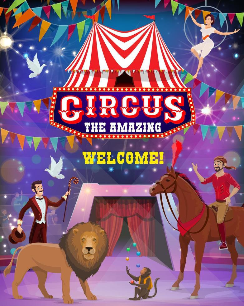 circus tonen van acrobaat, goochelaar, jongleur, dieren vector