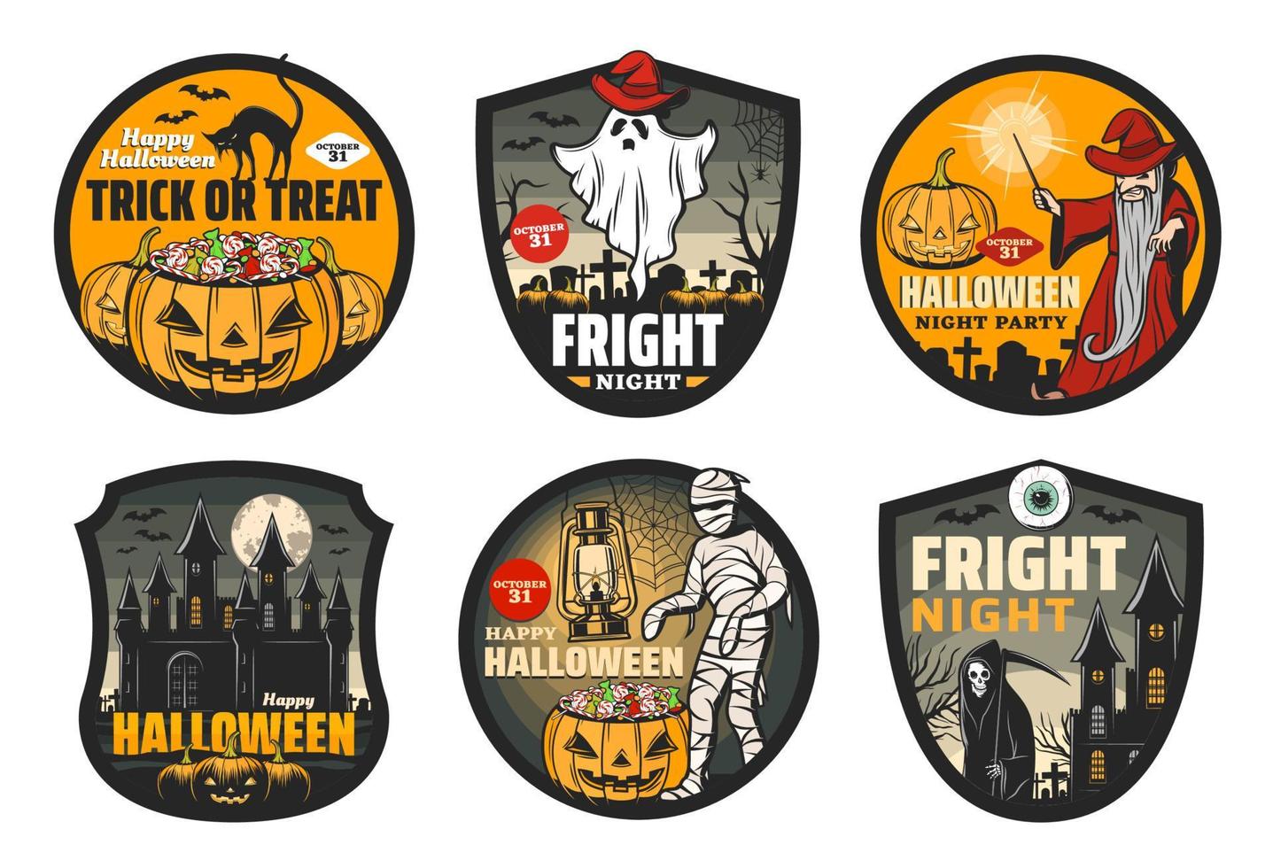 halloween badges van mama, geest, pompoen, vleermuizen vector