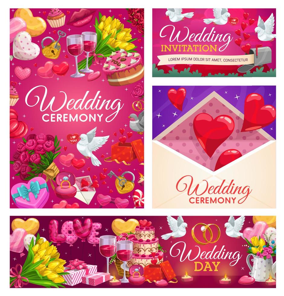 bruiloft ringen, taart en geschenken, harten en envelop vector