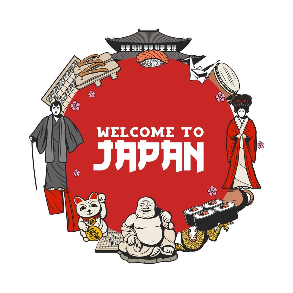 Japans cultuur, traditie, voedsel en oriëntatiepunten vector