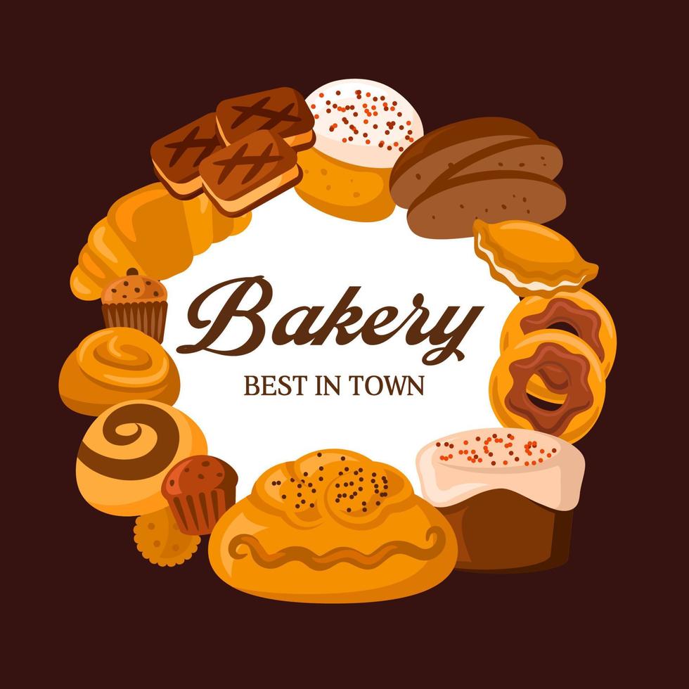 bakkerij brood, taart, croissant, donut en bagel vector