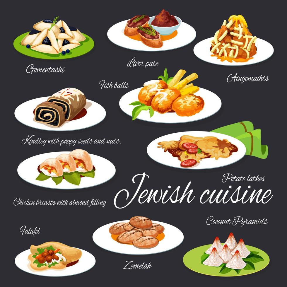 Joods keuken vector salades, maaltijden en desserts