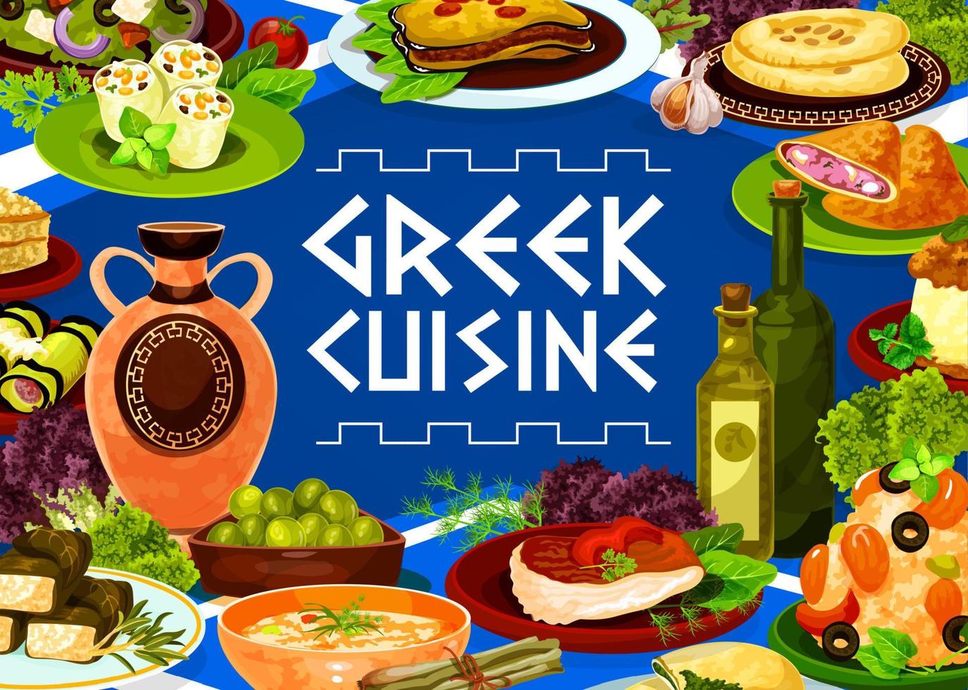Grieks olijf- salade, vlees, zeevruchten risotto gerechten vector