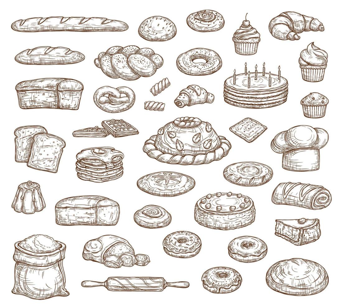brood, gebakje geïsoleerd schetsen pictogrammen, bakkerij voedsel vector