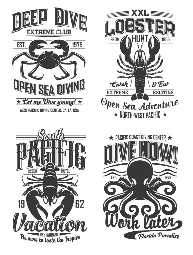 Octopus, krab en kreeft logo cafe, duiken club vector