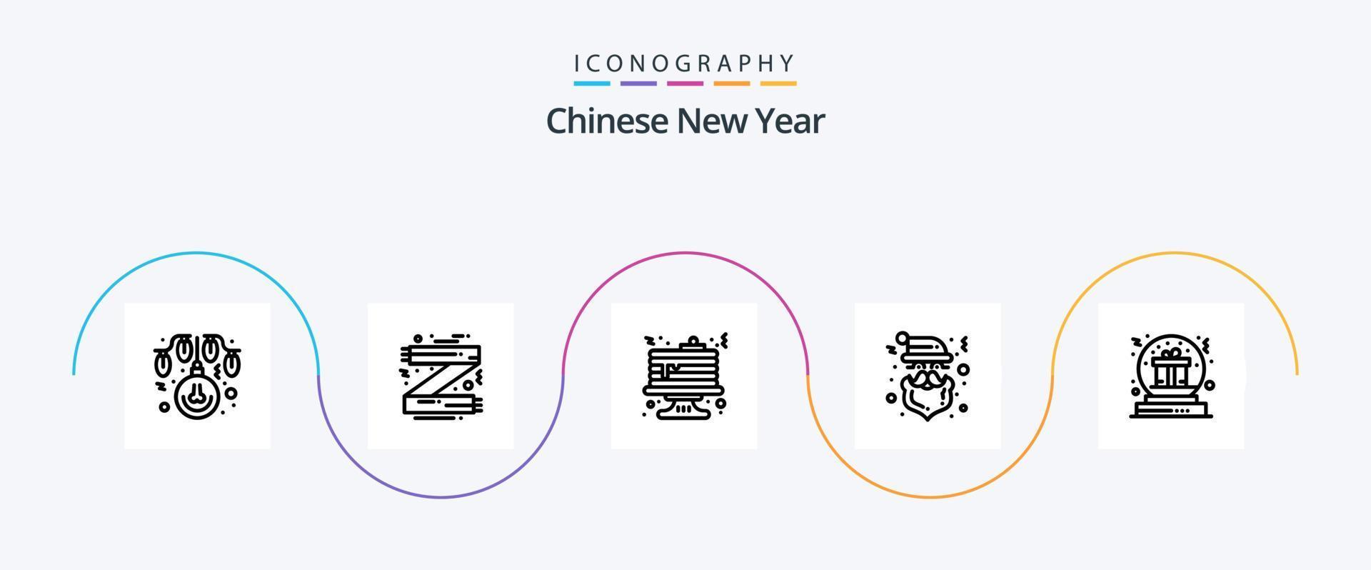 Chinese nieuw jaar lijn 5 icoon pak inclusief Geschenk. de kerstman. sjaal. claus. pannenkoek vector