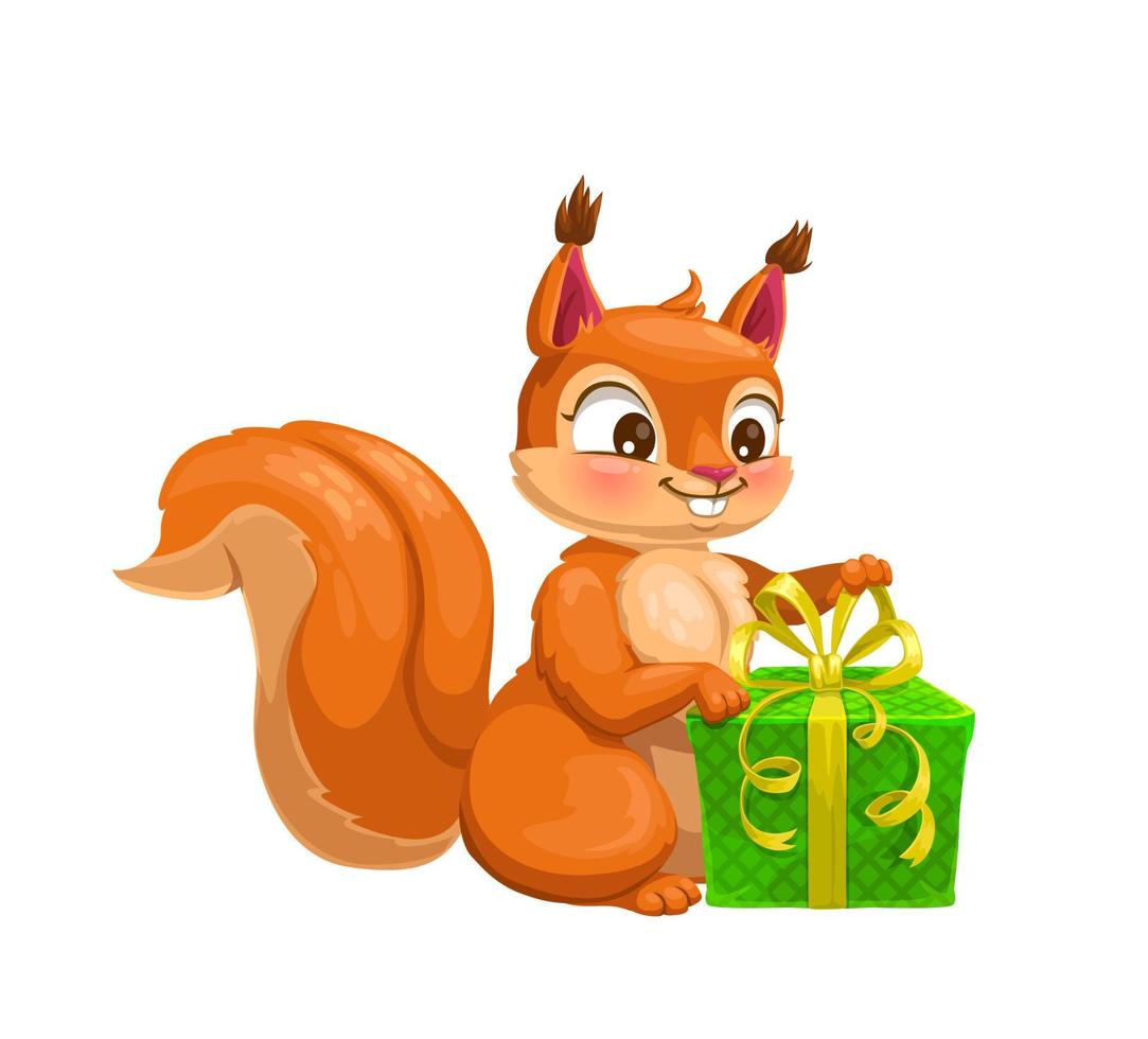 eekhoorn dier met geschenk doos, tekenfilm karakter vector