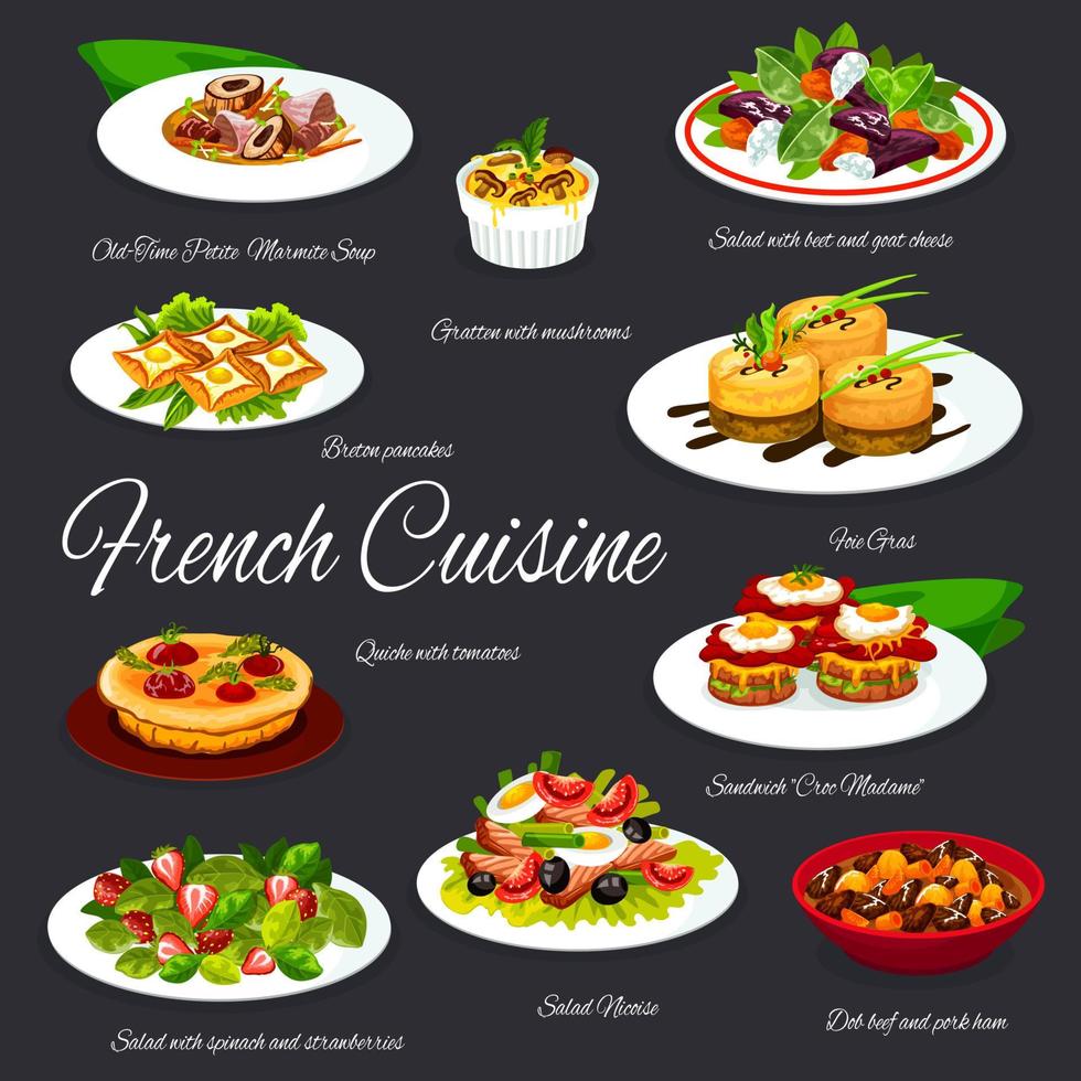 Frans voedsel salades, foie gras, vis, vlees gerechten vector