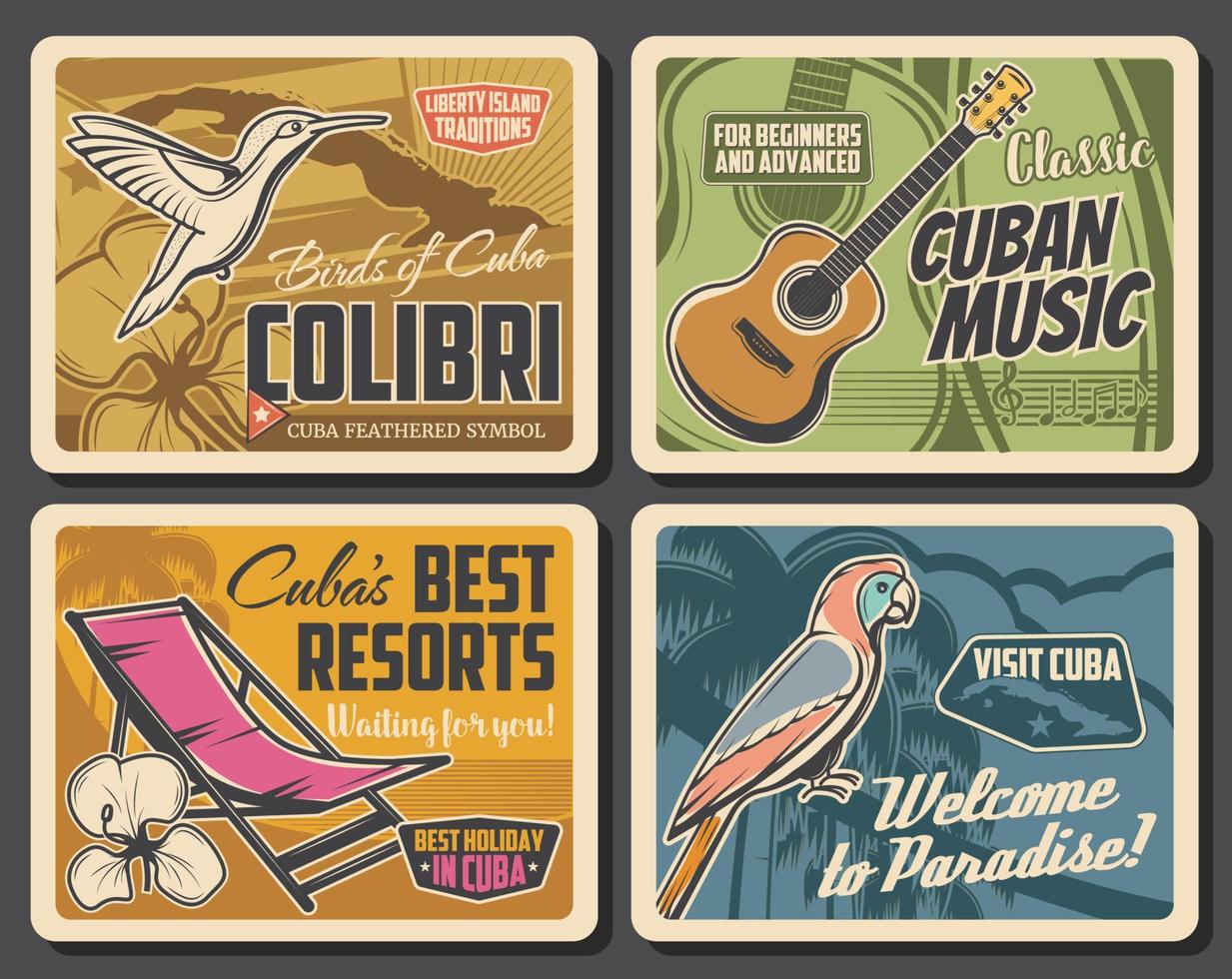 Cubaans kaart, Koninklijk palm en papegaai, gitaar, mariposa vector