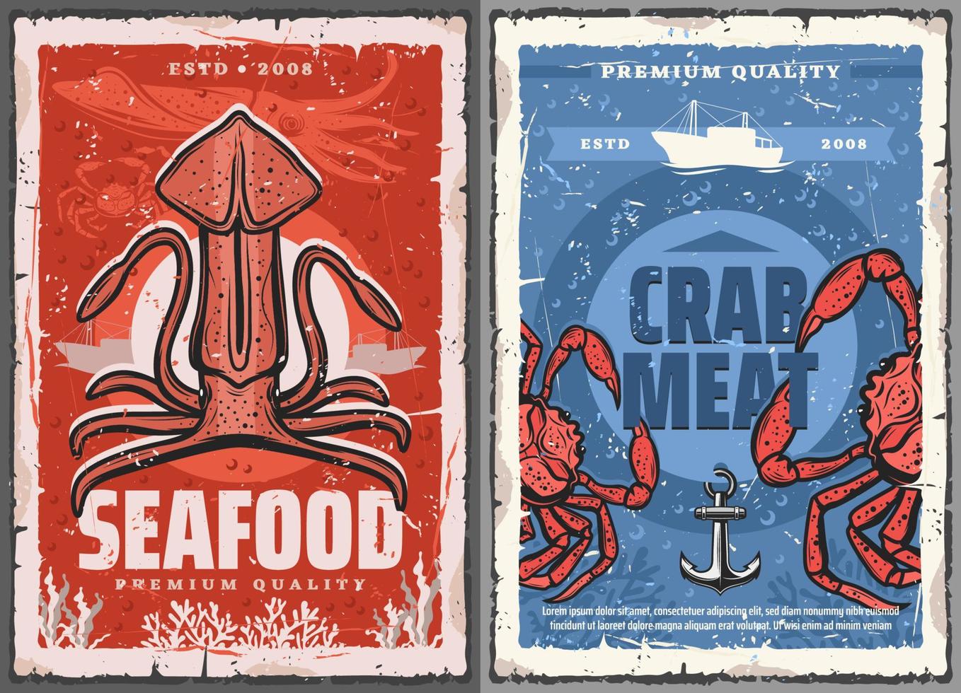 zeevruchten inktvis en krab vlees vector retro posters
