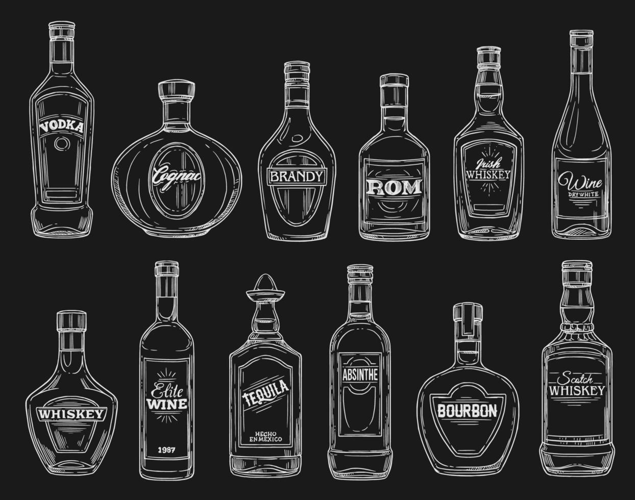 wijn, tequila, wodka, cognac alcohol drinken flessen vector