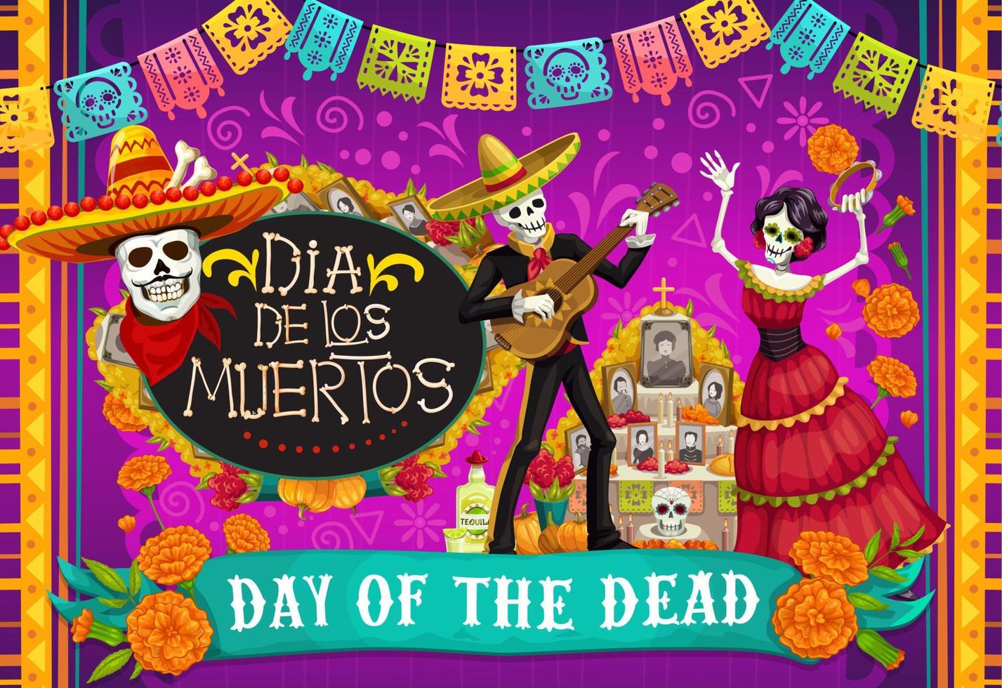 Mexicaans dia de los muertos, skeletten dansen vector