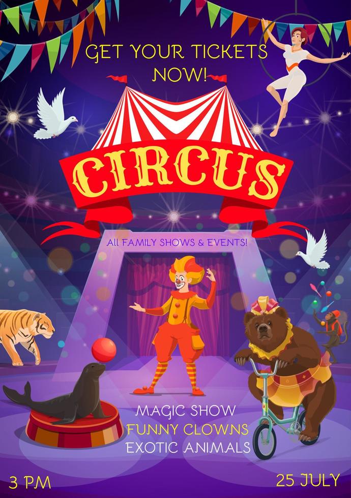 groot top circus magie tonen dieren en clowns vector