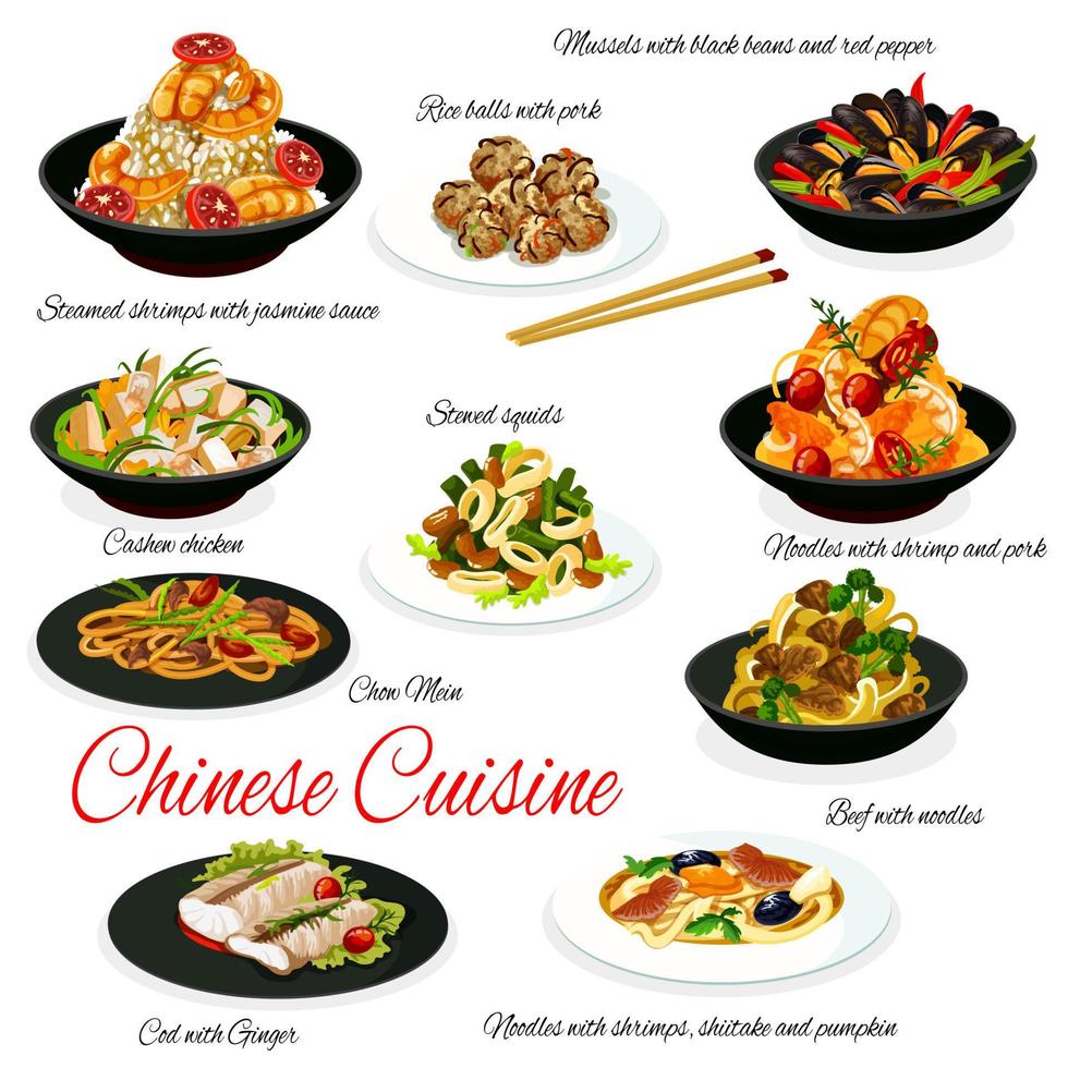 Chinese keuken vlees, groenten, zeevruchten en rijst- vector