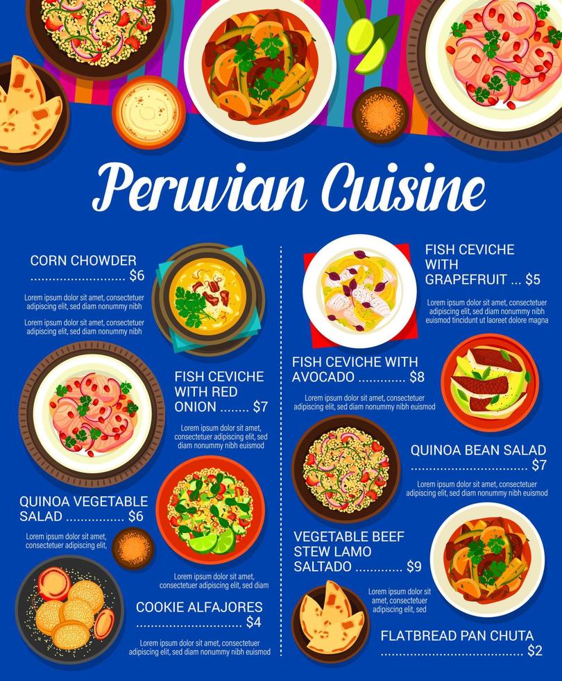 Peruaanse keuken menu, vis, vlees, groente voedsel vector