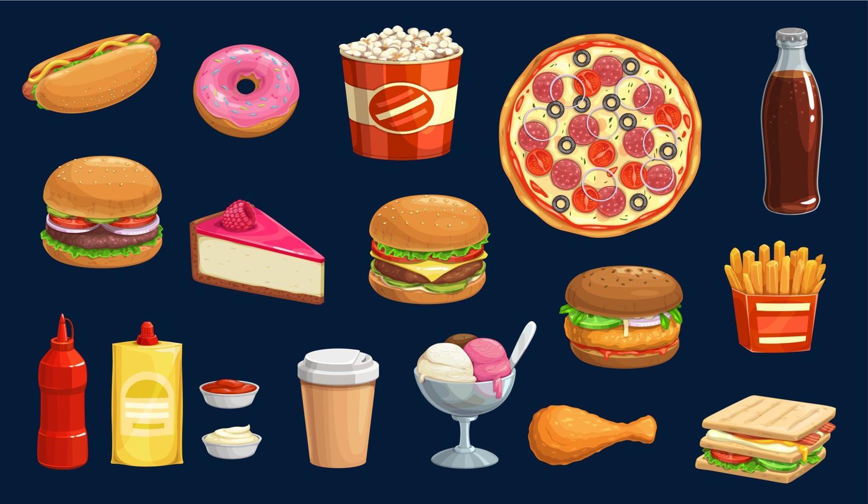 snel voedsel pizza, hamburger, heet hond en Patat pictogrammen vector