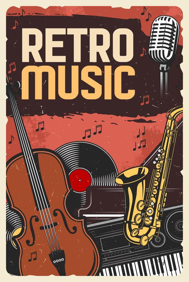 retro muziek- poster, instrumenten en vinyl vector