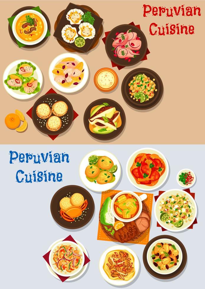 Peruaanse keuken vis, vlees en groente gerechten vector